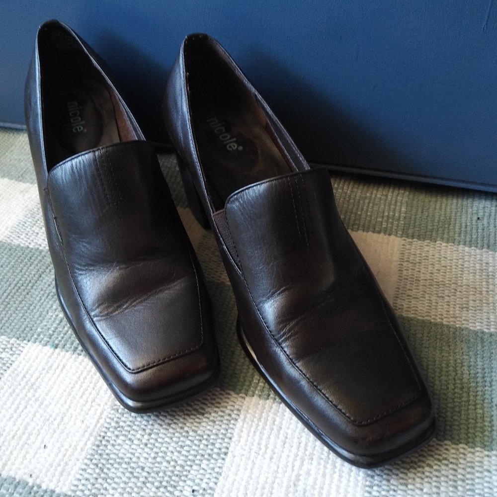 Nicole faux brown leather stacked heel loafer